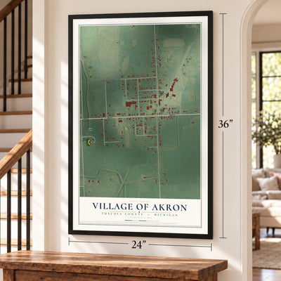 Akron, Michigan map, 24 x 36 inch print in a black frame by a staircase