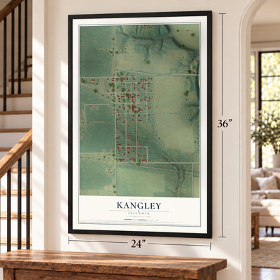 Kangley, Illinois map, 24 x 36 inch print in a black frame by a staircase