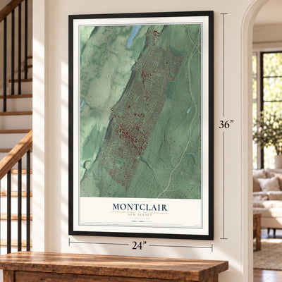Montclair, New Jersey map, 24 x 36 inch print in a black frame by a staircase
