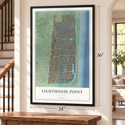 Lighthouse Point, Florida map, 24 x 36 inch print in a black frame by a staircase