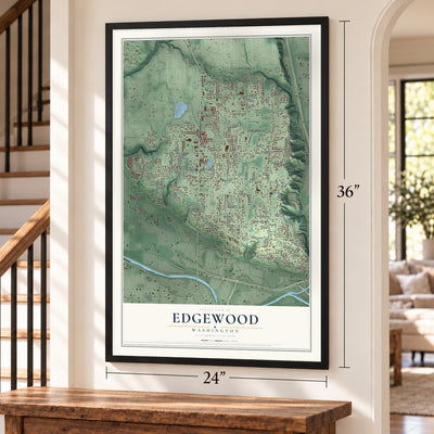 Edgewood, Washington map, 24 x 36 inch print in a black frame by a staircase