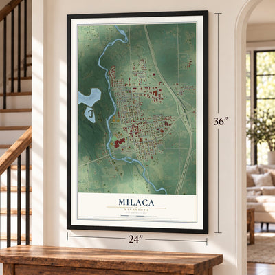 Milaca, Minnesota map, 24 x 36 inch print in a black frame by a staircase