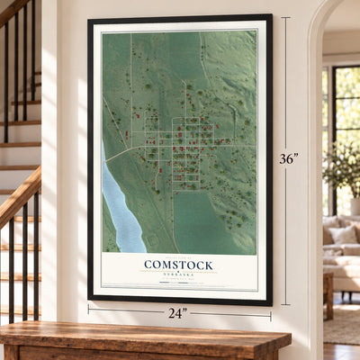 Comstock, Nebraska map, 24 x 36 inch print in a black frame by a staircase