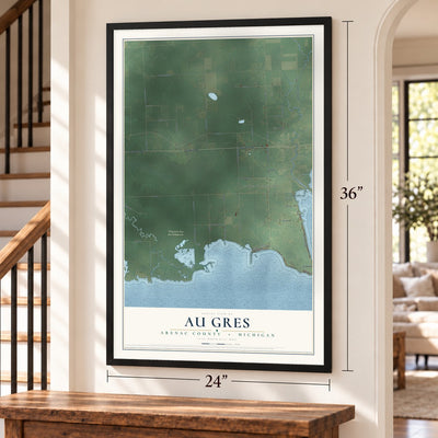 Au Gres, Arenac County, Michigan map, 24 x 36 inch print in a black frame by a staircase
