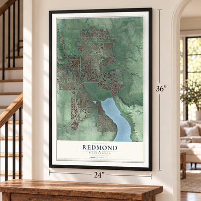 Redmond, Washington map, 24 x 36 inch print in a black frame by a staircase