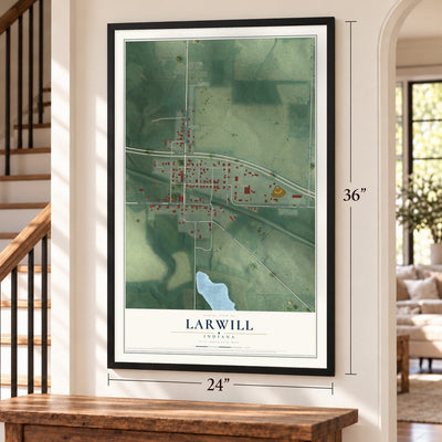 Larwill, Indiana map, 24 x 36 inch print in a black frame by a staircase