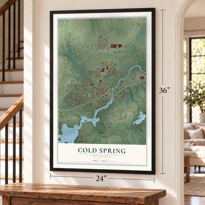 Cold Spring, Minnesota map, 24 x 36 inch print in a black frame by a staircase