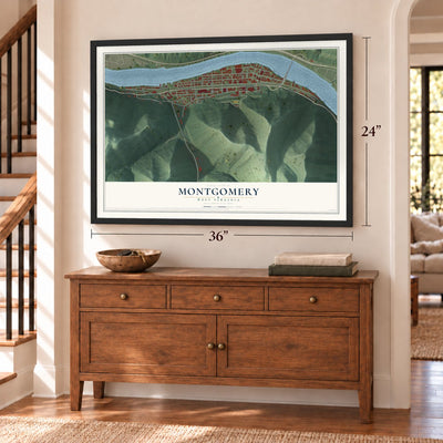 Montgomery, West Virginia map, 24 x 36 inch print in a black frame above a dresser by a staircase