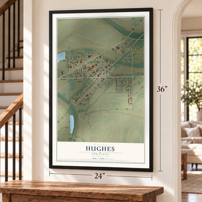 Hughes, Arkansas map, 24 x 36 inch print in a black frame by a staircase