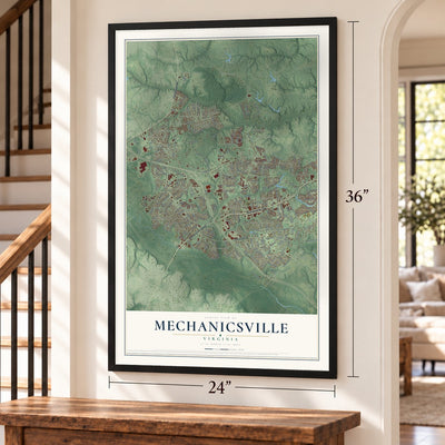 Mechanicsville, Virginia map, 24 x 36 inch print in a black frame by a staircase