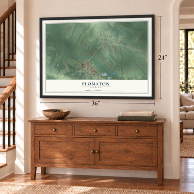 Flomaton, Alabama map, 24 x 36 inch print in a black frame above a dresser by a staircase