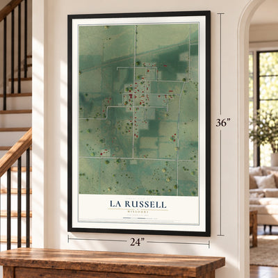 La Russell, Missouri map, 24 x 36 inch print in a black frame by a staircase