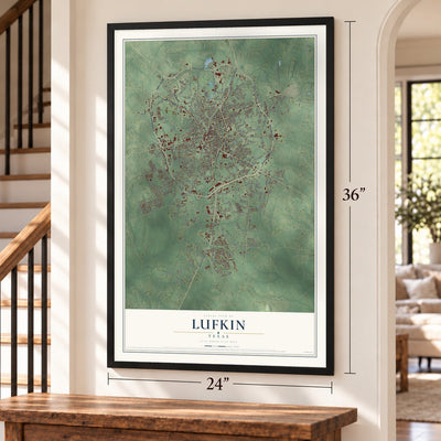 Lufkin, Texas map, 24 x 36 inch print in a black frame by a staircase