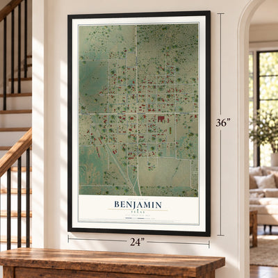 Benjamin, Texas map, 24 x 36 inch print in a black frame by a staircase