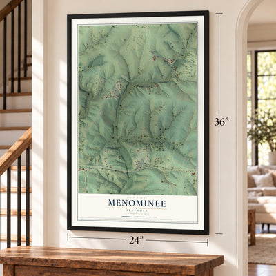 Menominee, Illinois map, 24 x 36 inch print in a black frame by a staircase