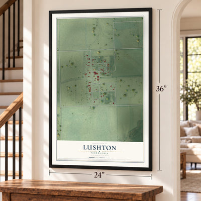 Lushton, Nebraska map, 24 x 36 inch print in a black frame by a staircase