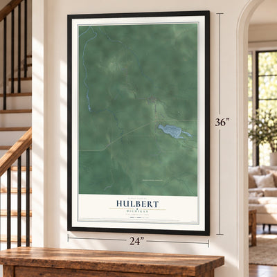 Hulbert, Michigan map, 24 x 36 inch print in a black frame by a staircase