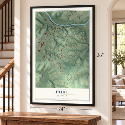 Hurt, Virginia map, 24 x 36 inch print in a black frame by a staircase