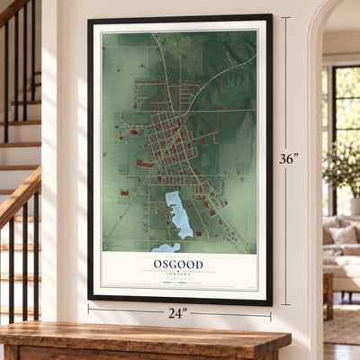 Osgood, Indiana map, 24 x 36 inch print in a black frame by a staircase