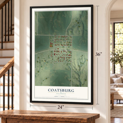 Coatsburg, Illinois map, 24 x 36 inch print in a black frame by a staircase