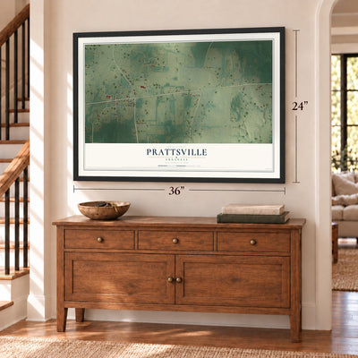 Prattsville, Arkansas map, 24 x 36 inch print in a black frame above a dresser by a staircase