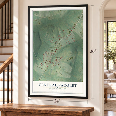 Central Pacolet, South Carolina map, 24 x 36 inch print in a black frame by a staircase
