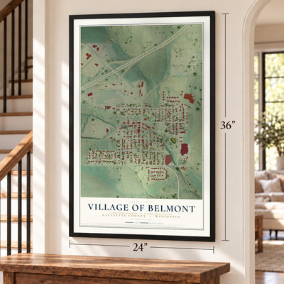 Belmont, Wisconsin map, 24 x 36 inch print in a black frame by a staircase