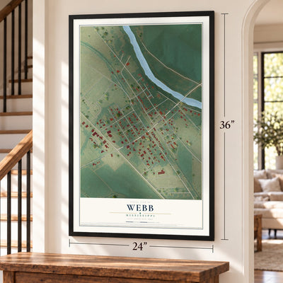 Webb, Mississippi map, 24 x 36 inch print in a black frame by a staircase