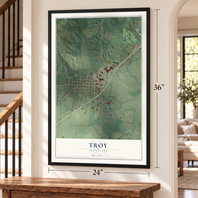 Troy, Tennessee map, 24 x 36 inch print in a black frame by a staircase