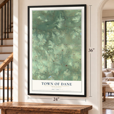 Town of Dane, Wisconsin map, 24 x 36 inch print in a black frame by a staircase