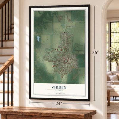 Virden, Illinois map, 24 x 36 inch print in a black frame by a staircase
