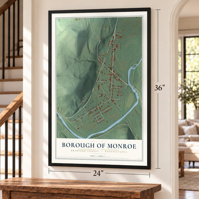 Borough of Monroe, Bradford County, Pennsylvania map, 24 x 36 inch print in a black frame by a staircase