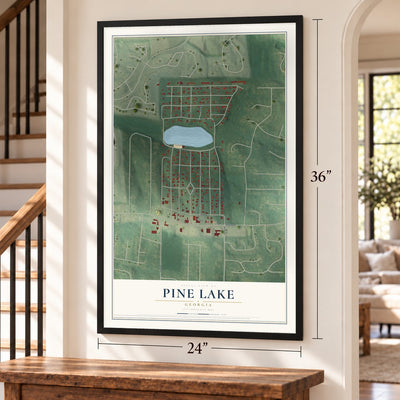 Pine Lake, Georgia map, 24 x 36 inch print in a black frame by a staircase