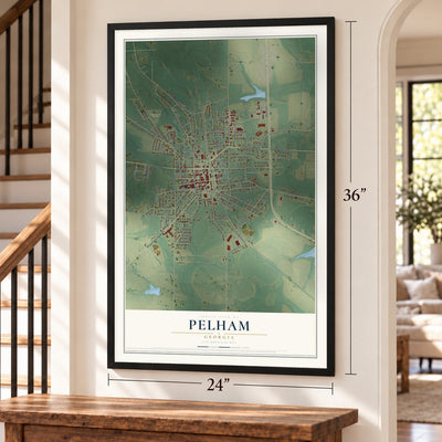 Pelham, Georgia map, 24 x 36 inch print in a black frame by a staircase