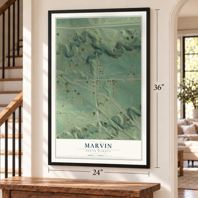 Marvin, South Dakota map, 24 x 36 inch print in a black frame by a staircase