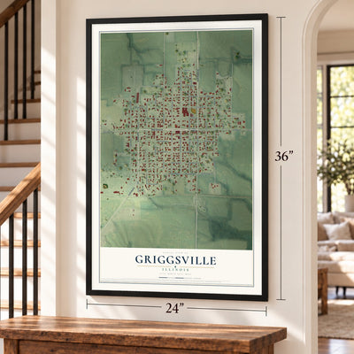 Griggsville, Illinois map, 24 x 36 inch print in a black frame by a staircase
