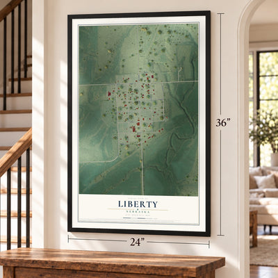 Liberty, Nebraska map, 24 x 36 inch print in a black frame by a staircase