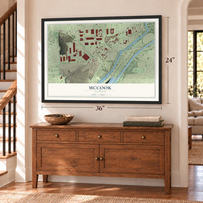 McCook, Illinois map, 24 x 36 inch print in a black frame above a dresser by a staircase