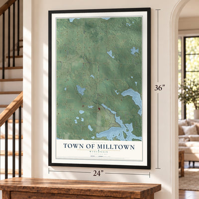 Town of Milltown, Wisconsin map, 24 x 36 inch print in a black frame by a staircase