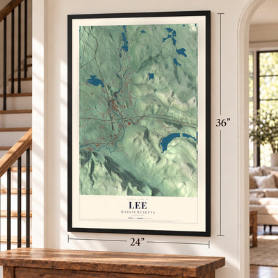 Lee, Massachusetts map, 24 x 36 inch print in a black frame by a staircase