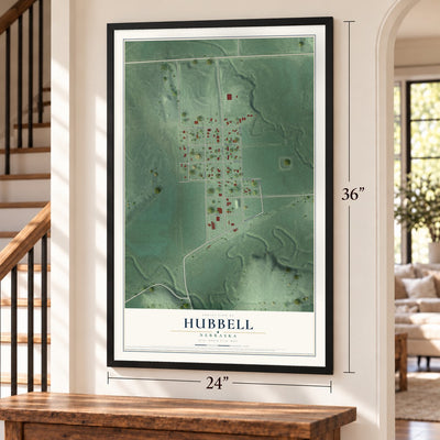 Hubbell, Nebraska map, 24 x 36 inch print in a black frame by a staircase