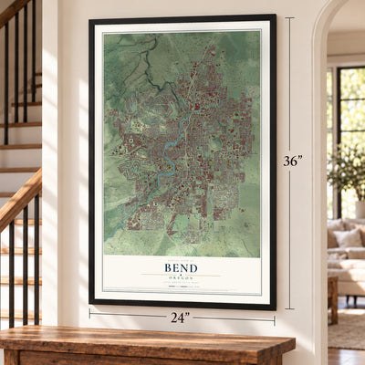 Bend, Oregon map, 24 x 36 inch print in a black frame by a staircase