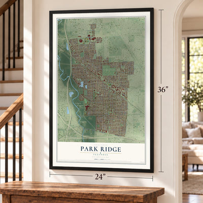 Park Ridge, Illinois map, 24 x 36 inch print in a black frame by a staircase
