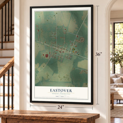 Eastover, South Carolina map, 24 x 36 inch print in a black frame by a staircase