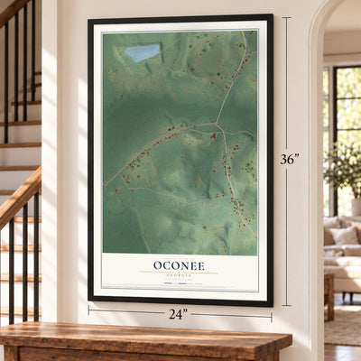 Oconee, Georgia map, 24 x 36 inch print in a black frame by a staircase