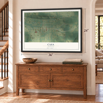 Casa, Arkansas map, 24 x 36 inch print in a black frame above a dresser by a staircase