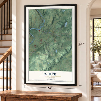 White, New Jersey map, 24 x 36 inch print in a black frame by a staircase