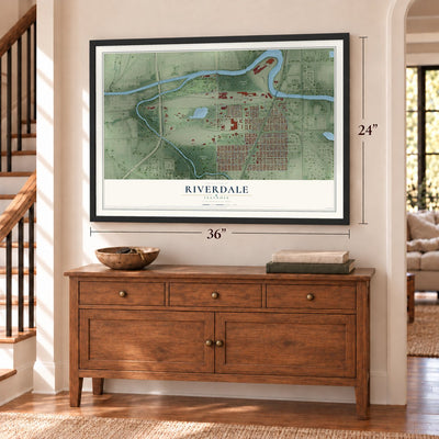Riverdale, Illinois map, 24 x 36 inch print in a black frame above a dresser by a staircase