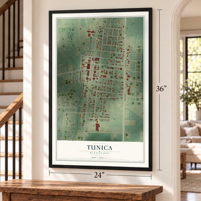 Tunica, Mississippi map, 24 x 36 inch print in a black frame by a staircase