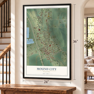 Mound City, Missouri map, 24 x 36 inch print in a black frame by a staircase